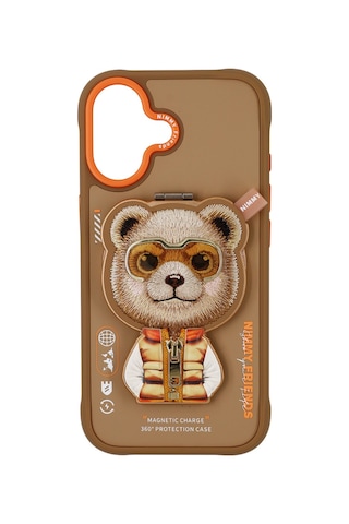 Apple Uyumlu iPhone 17 Magsafe Stand Özellikli 3d Gözlük Ve Fermuar Bear Nakışlı Cool Cute 2.0 Kılıf 11b Şeffaf