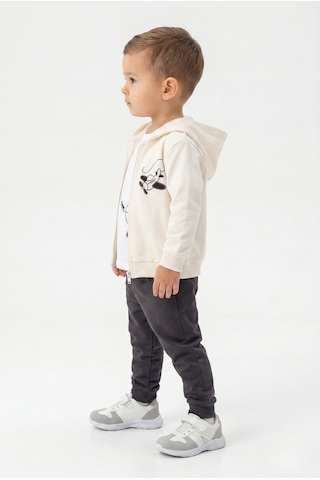Toontoy Kids Toontoy Erkek Çocuk 3'lü Eşofman Takımı Uzun Kollu Bisiklet Yaka Nakışlı T-shirt - Kapüşonlu Fermuarlı Hırka- Beli Paçası Lastikli Eşofman Altı 25052 Füme
