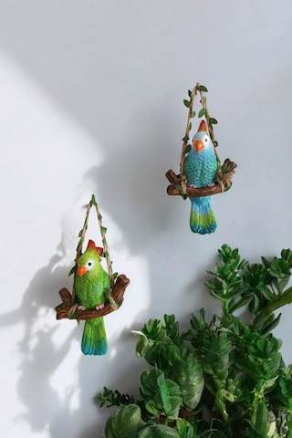 2 Adet Dekoratif Sallanan Duvar Ve Bahçe Süsü Papağan Mavi-yeşil