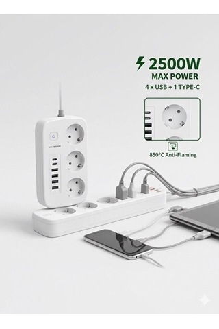 Mercansa 2500w Çoklu Priz 2 Metre - 3 Lü Ac Priz +5 Usb Çıkışı Akım Korumalı Alev Almayan Gövde, 11318708