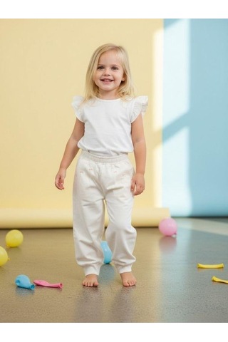 Zekids Kız Çocuk Yumuşak Dokulu Fiyonk Detaylı Yüksek Bel Pantolon-16523 Krem