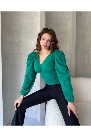 Markahit Defile V Yaka Drape Detaylı Crep Bluz Yeşil