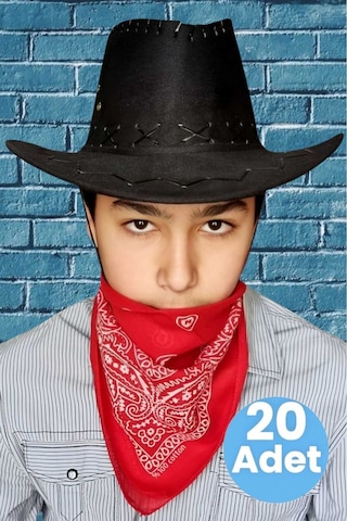 Uniquetrenders Çocuk Unisex Bandanalı 20'li Nubuk Kovboy Şapkası 8-14 Yaş Siyah 2