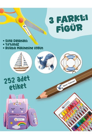 Okul Etiketi Kalem Defter Etiketi Mavi Balina Temalı Özel İsim Yazılabilen Etiket - 252adet