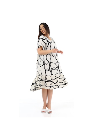 Schık Kadın Viskon Yarım Kol V Yaka Fırfırlı Elbise Ekru Ekru