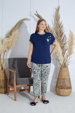 Sevim Kadın Büyük Beden Kısa Kol Lacivert Pijama Takım C3t4n851 001
