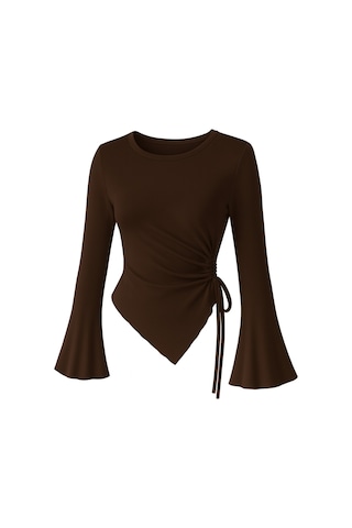 Meren Like Your Style Acı Kahve Yuvarlak Yaka Drape Detaylı İspanyol Kol Tesettür Uyumlu Üst Bluz Acı Kahve