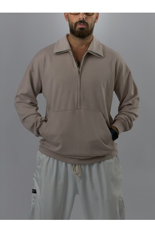 Cocopelli Fermuarlı Polo Yaka Bej Erkek Sweatshirt Coc3523