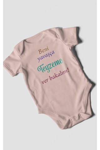 Beni Yavaşça Teyzeme Ver Bakalım Baskılı Bebek Zıbını Çıtçıtlı Body %100 Pamuk Kısa Kol Pastel Pembe