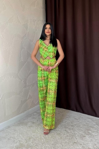 Sensuelle Yeşil Pullu Yelek Ve Pantolon Takım Yeşil