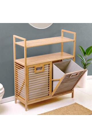 Kirli 2 Kat Organizer Raflı - 2 Bölmeli Önden Çek Aç Kalın Ahşap Bambu Kirli Çamaşır Sepeti 80x33x87cm 48 Renkli
