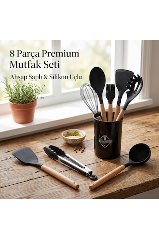8 Parça Premium Mutfak Seti, Ahşap Saplı Ve Silikon Uçlu, Siyah, Kepçe, Spatula, Çırpıcı, Fırça, Maşa Dahil Diğer
