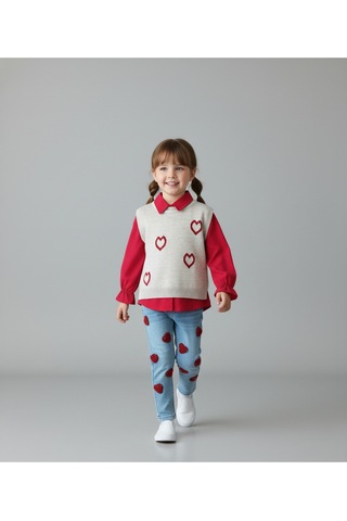 Kalp Desenli Yelekli Üçlü Takım Kız Çocuk Kırmızı