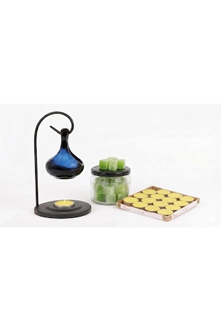 Vios Store Modern Seramik Buhurdanlık Seti - 16'li Tealight Mum Ve Değiştirilebilir Aroma Wax Hediye Paketi Mavi-siy