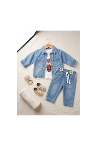 Deniva Kids Erkek Bebek Kot Ceket Sweatshirt Ve Pantolon 3'lü Kot Takım Baskılı Sweat Takım Mavi