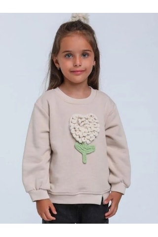 Kız Bebek Örgü Çiçek Detaylı Sweathirt-14304 Bej