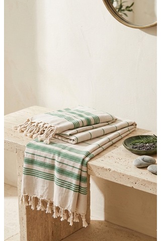 Pamuk Peştemal 100x180 Cm Çizgili Plaj Havlusu, Hamam Havlusu, Sauna Havlusu, Çok Amaçlı Kullanım Yeşil