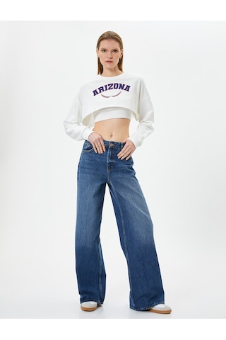Koton Crop Sweatshirt Baskılı Bisiklet Yaka Uzun Kollu Beyaz 4sak10275ek Beyaz