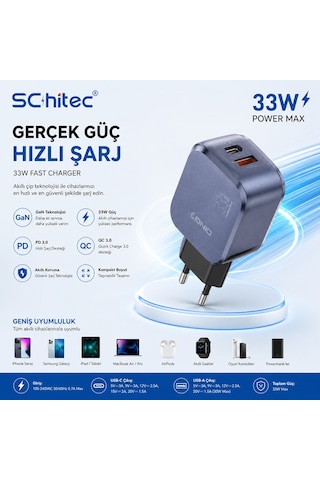 Schitec 33w Gan 3 Portlu Hızlı Şarj Adaptörü Usb-c + Usb-a + Lightning 1m Kablolu Set Siyah Q5