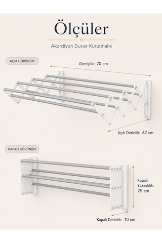 Akordiyon 70 Cm Duvara Monte Çamaşır Kurutma Askısı Beyaz