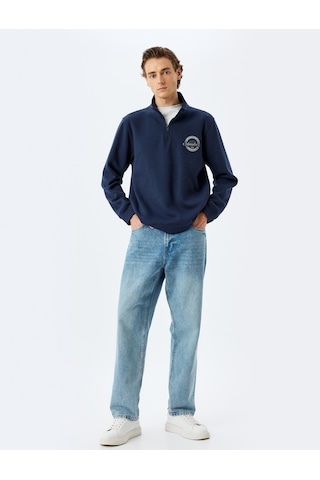 Koton Uzun Kollu Şardonlu Pamuklu Yarım Fermuarlı Baskılı Sweatshirt Lacivert 5wam70076mk Lacivert