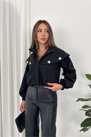 Neşeli Butik Kadın Siyah Metal Düğme Detaylı Fermuarlı Kısa Bomber Ceket Nbk5041