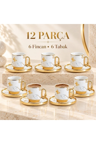 Valkyrie 12 Parça 6 Kişilik 80 Ml Türk Kahvesi Fincan Takımı Gold Kelebek Desenli K651-b