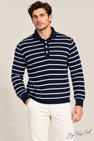 Cool Tarz Erkek Çizgili Polo Yaka Triko Kazak Slim Fit Uzun Kollu Pamuk Akrilik Karışımlı Lacivert Lacivert