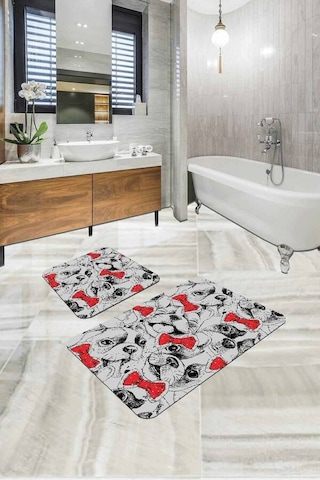 Gri Hayvan Temalı Banyo Halısı Klozet 2'li Paspas Seti Bs267n11