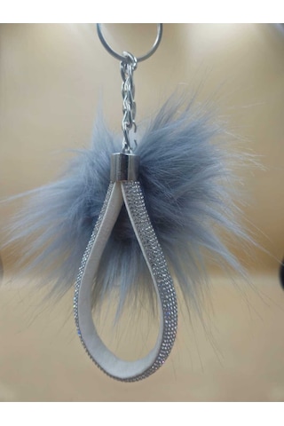 Gümüş Taşlı Tilki Tüyü Gri Angel Anahtarlık