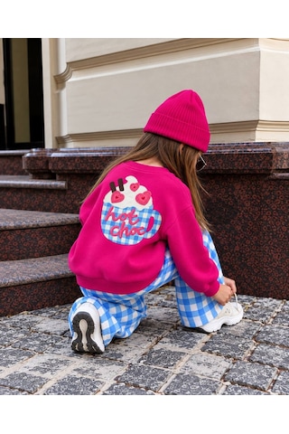 Hot Choc Baskılı Fuşya Sweatshirt Mavi Pötikare Eşofman Alt Üst Takım Süper Kalite Pembe