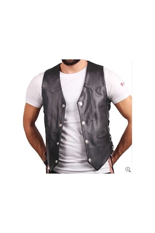 Hakiki Deri Siyah Erkek Motorcu Deri Yelek Siyah