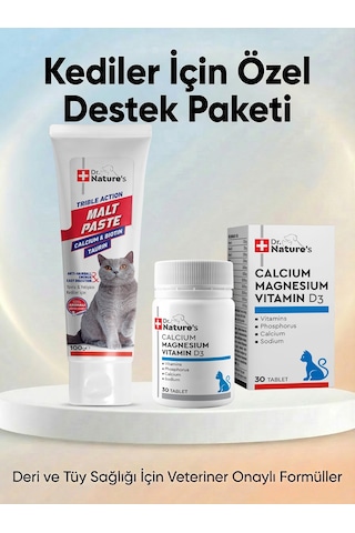 Kedi Malt Macunu + Kalsiyum Magnesium D3 Tablet Seti Tüy Yumağı, Kemik Ve Diş Sağlığı Destek Paketi