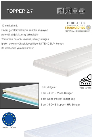 Topper 2.7 - Serinletici Soğuk & Tencel Kılıflı Nano Paket Yaylı Visco Yatak Pedi - Yıkanabilir Beyaz