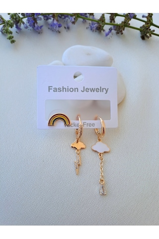 Dali Shop Gökkuşağı Bulut Figürlü 3'lü Küpe Gold