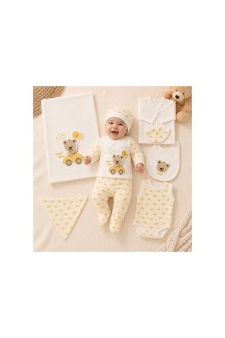 Petino Erkek Bebek Hastane Çıkışı 10 Lu Set Arabalı Ayıcık Nakışlı Sarı