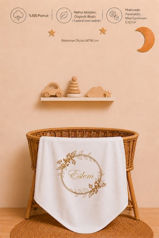 Kız Bebek Hediyesi İsme Özel 80x80 Cm Çift Kat Penye Bebek Battaniyesi %100 Pamuk Ham Bez Kıyafet Keseli 1054bk3x Ekru
