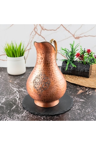 Gaziantep El Yapımı Bakır Sürahi 1800 Ml Osmanlı Motifli, Pirinç Kulplu, El Dövmesi Bakır Su Sürahisi