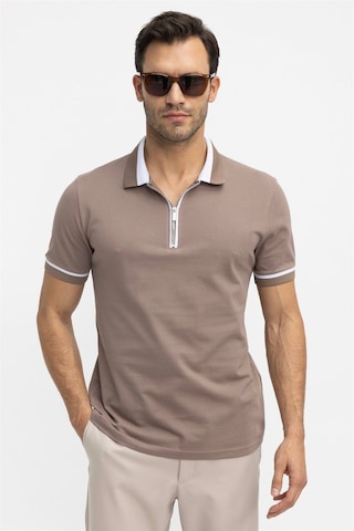 Tudors Erkek Slim Fit Dar Kesim %100 Pamuk Düz Pike Fermuarlı Kahverengi Polo Yaka Tişört-27083 Kahve Kahverengi