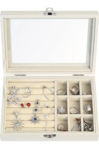 Willowhaven Bej Sku Kilitli 9 Bölmeli Kadife Mücevher Kutusu Yüzük Kolye Küpe Organizer