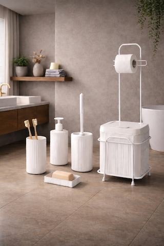 Decorev 6'lı Banyo Seti Metal Standlı Beyaz Ahşap Desenli Tuvalet Wc Kağıtlık Seti