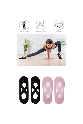 4 Adet Kadın Kaydırmaz Tabanlı Yoga Pilates Fitness Dans Ve Spor Çorabı Siyah - Pembe