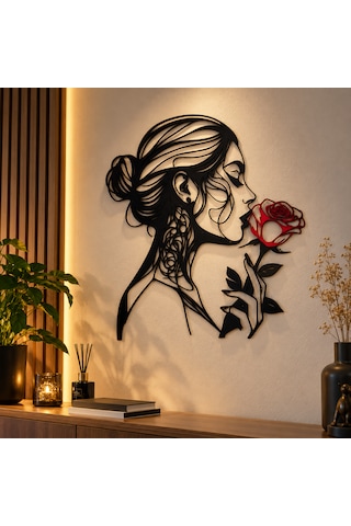 Kadın Ve Gül Figürlü Dekoratif Duvar Süsü 3d Baskı Modern Duvar Dekoru 32x28 Cm Kırmızı - Siyah