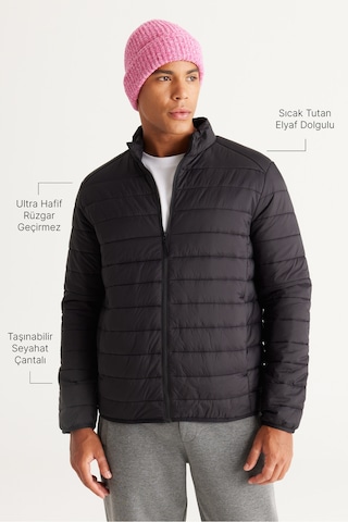 Ac&Co / Altınyıldız Classics Erkek Sıyah Sıcak Tutan Elyaf Dolgulu Ultra Hafif Standart Fit Şişme Mont Sıyah Siyah