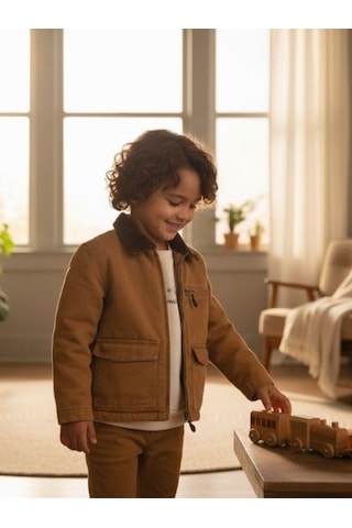 Zekids Erkek Çocuk Pamuklu Fitilli Yaka Detaylı Astarlı Cepli Mevsimlik Ceket-16320 Camel