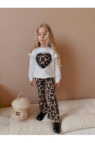 Kız Çocuk Kalp Modelli Tül Detaylı Leopar İspanyol Paça Taytlı Takım Ekru