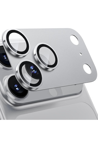 Apple Uyumlu iPhone 17 Pro Max Tek Parça Tam Kapatan Metal Temperli Kamera Lens Koruyucu Gümüş