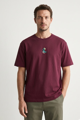 Elemge %100 Pamuk Compact Penye Süprem Bordo Timsah Nakışlı Trend Fit Erkek Tok Kumaş T-shirt Rahat Kesim