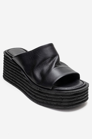 Luvishoes Marc Siyah Cilt Hakiki Deri Dolgu Topuklu Kadın Terlik Siyah