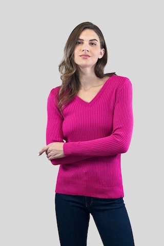 Miss Poem Kadın V Yaka Slim Fit Fitilli Uzun Kışlık Ekru Triko Kazak Fuşya